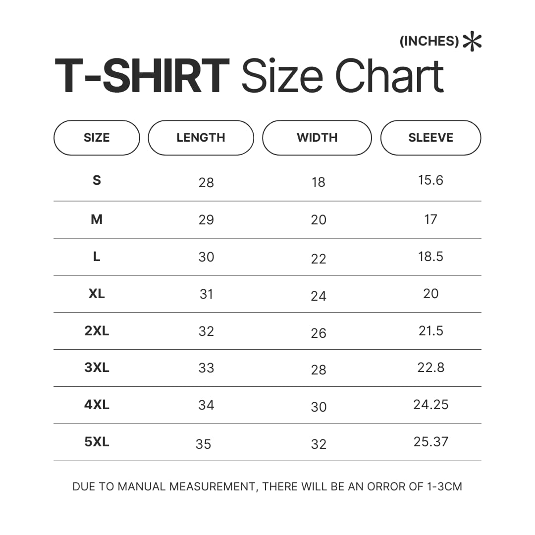 T shirt Size Chart - Undead Unluck Shop